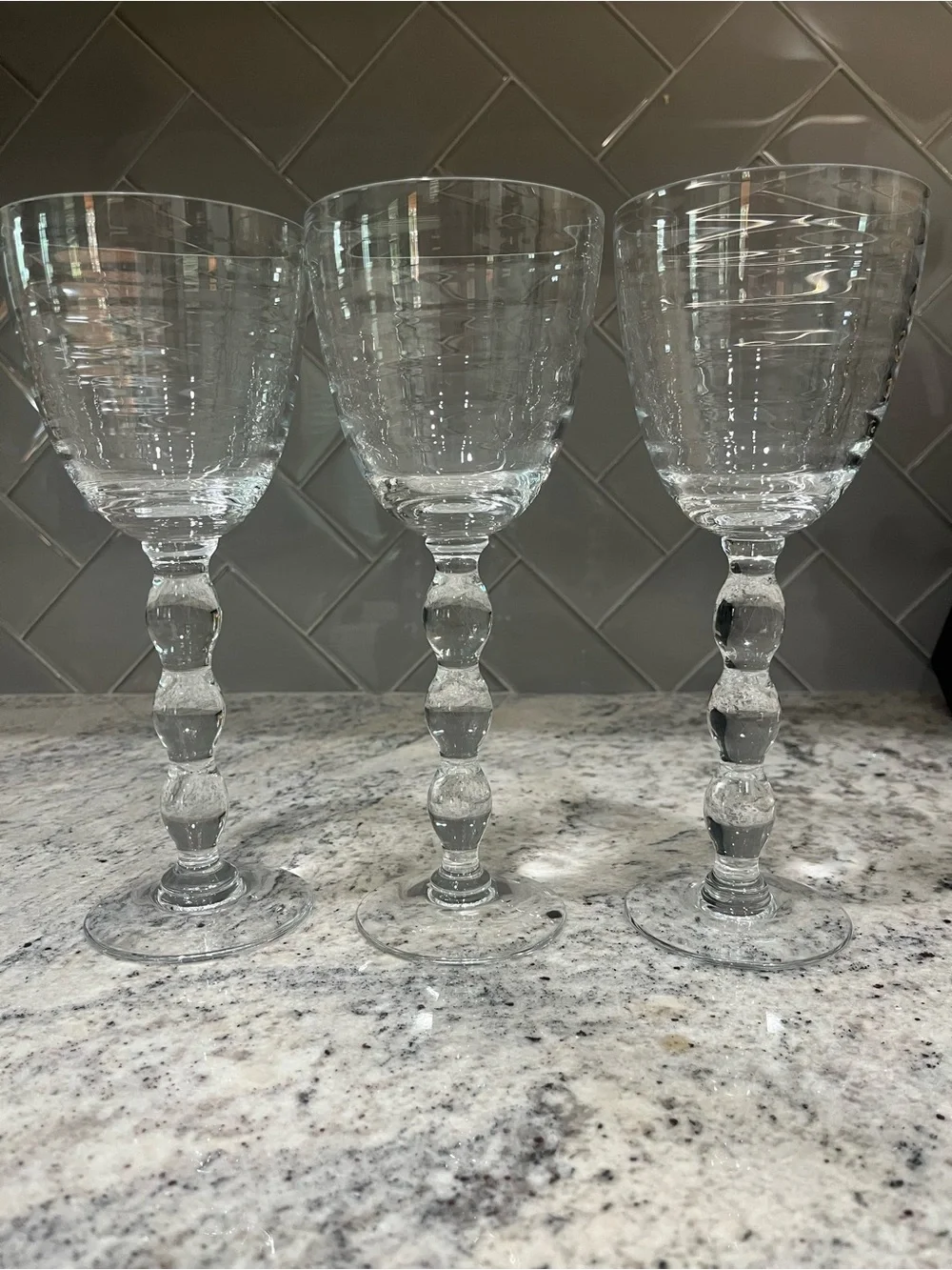 (3) Pottery Barn Asli Red Wine Glasses Set Clear Optic Bead Stemware Lot RARE